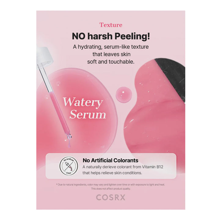 A pink cosmetic packaging graphic for COSRX Watery Serum, featuring text about hydrating, serum-like texture and no harsh peeling, with a dropper and pink liquid droplet illustration.