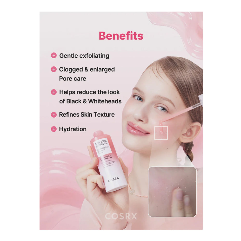 A promotional graphic for COSRX Clear Liquid Snail Water, showing a young woman holding the pink and white bottle against a soft pink background with text detailing its benefits for exfoliating and hydrating skin.