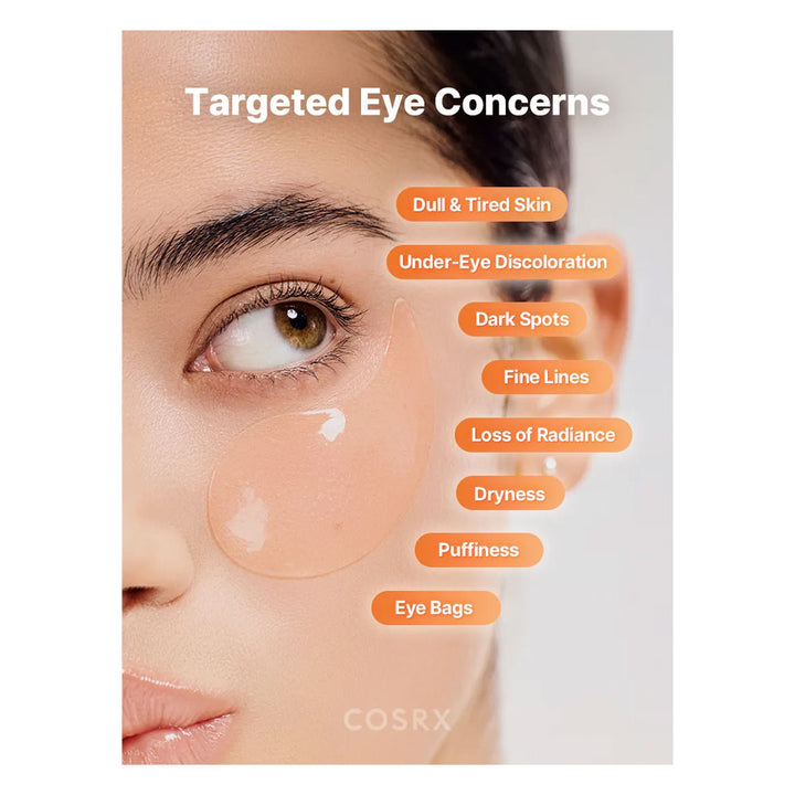 CosRX eye patches with targeted eye concerns listed on a white background