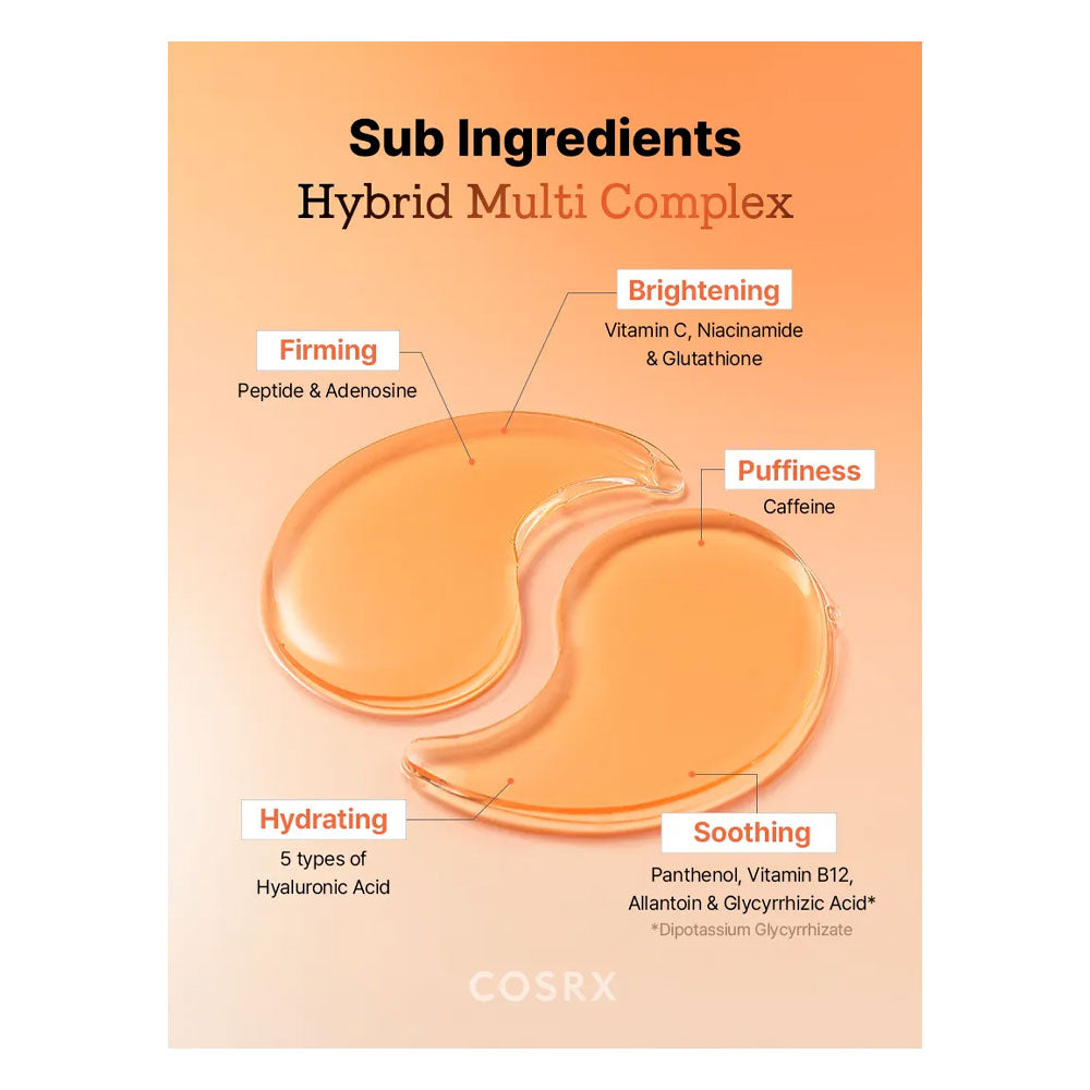 Cosrx eye patch with labeled ingredients on an orange background
