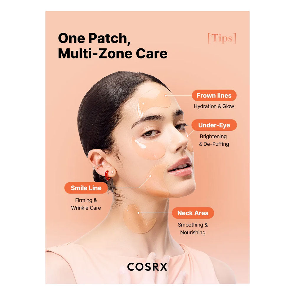 CosRX skincare patch advertisement with a woman's face and labeled areas on a peach background
