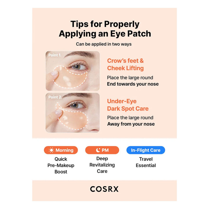 COSRX eye patch application guide with instructions and illustrations on a beige background