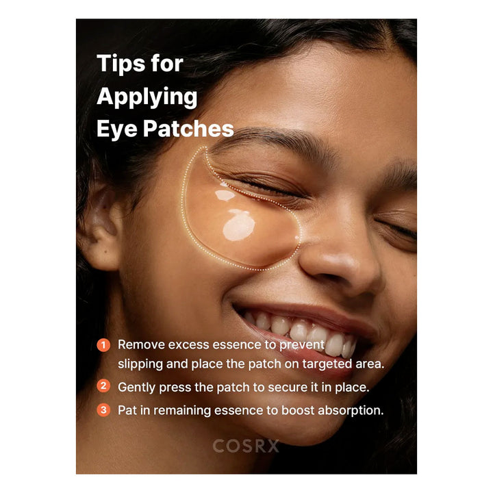 CosRX eye patch application guide with a woman wearing patches on her eyes.