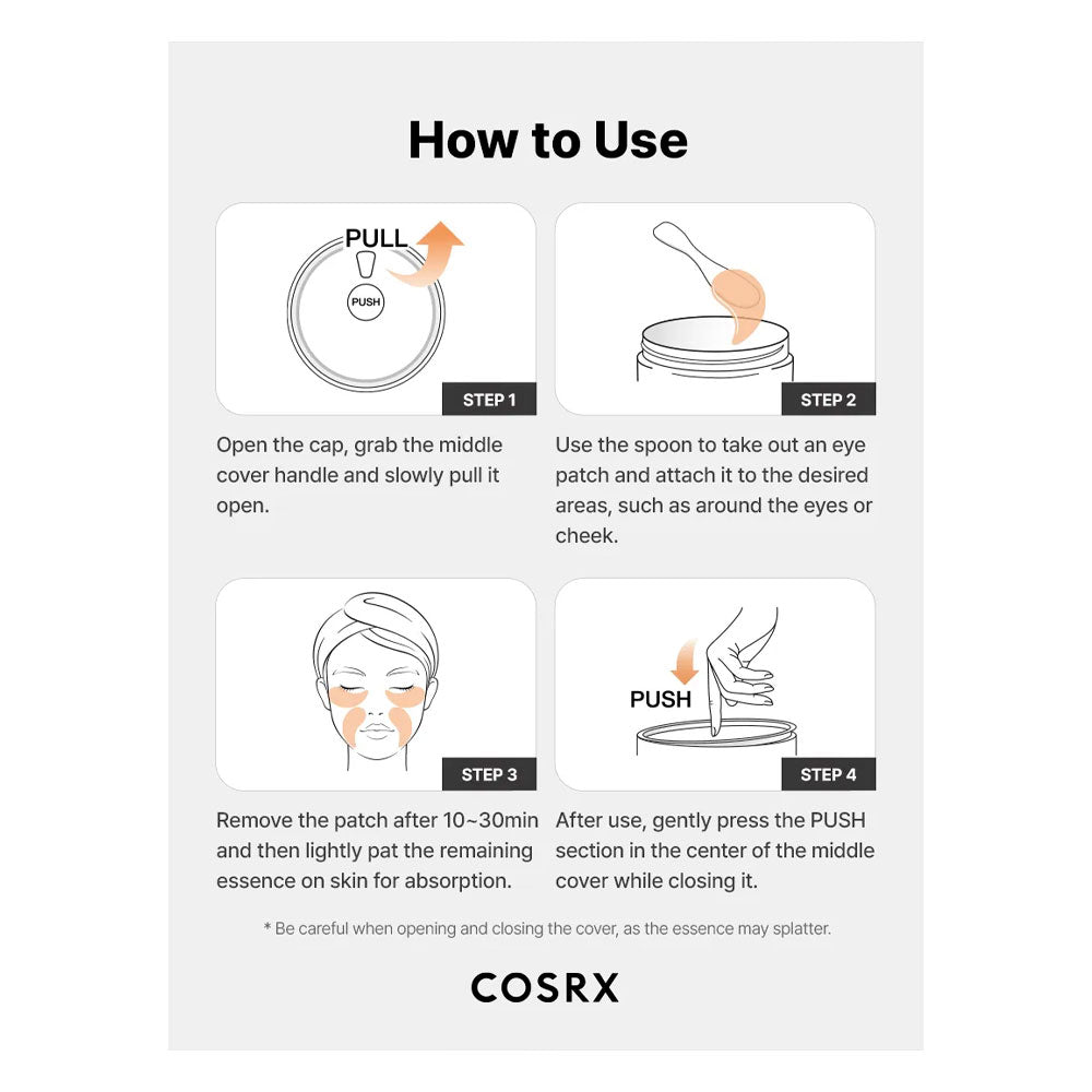Cosrx eye patch usage instructions with step-by-step illustrations on a white background