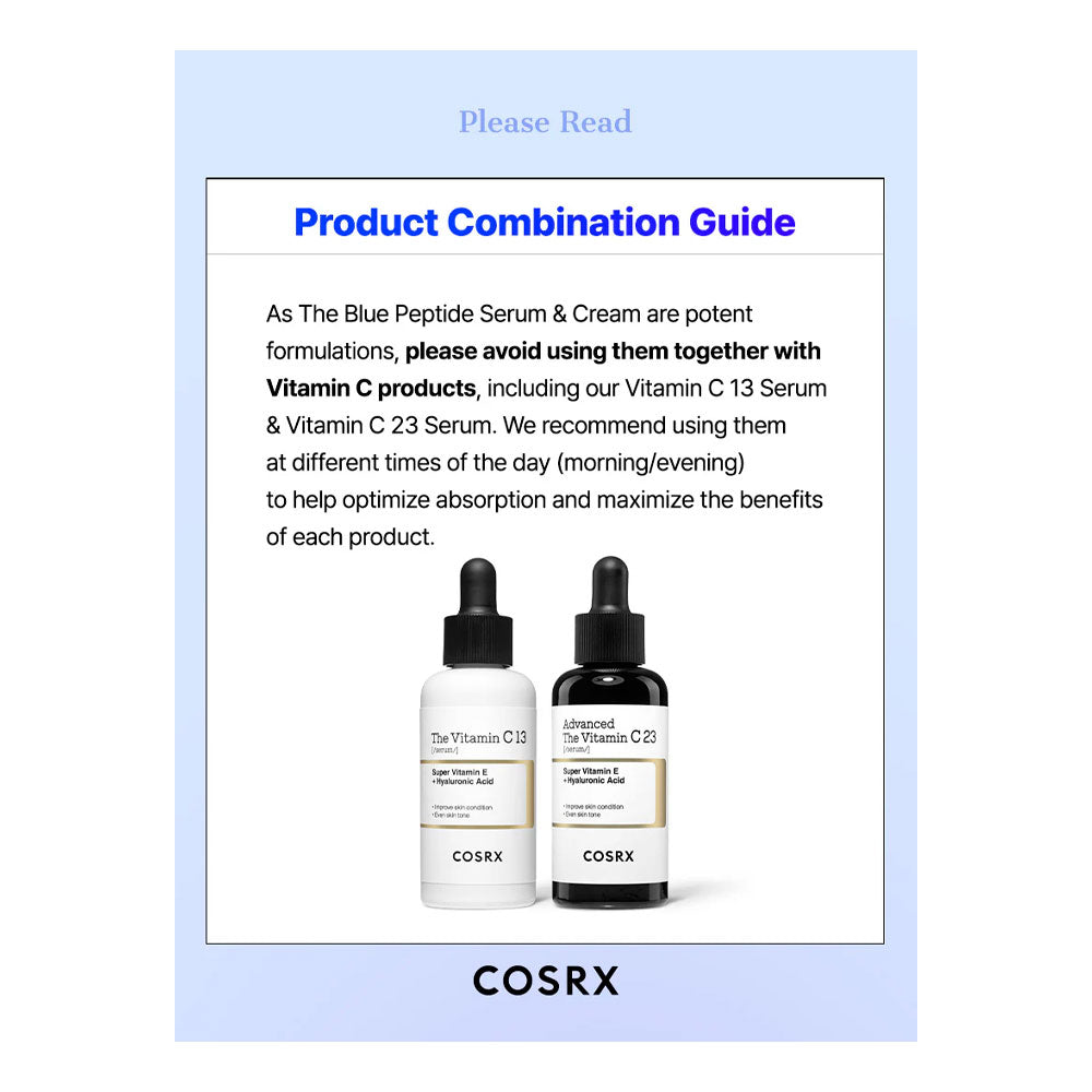 Cosrx product combination guide with two serum bottles on a light blue background
