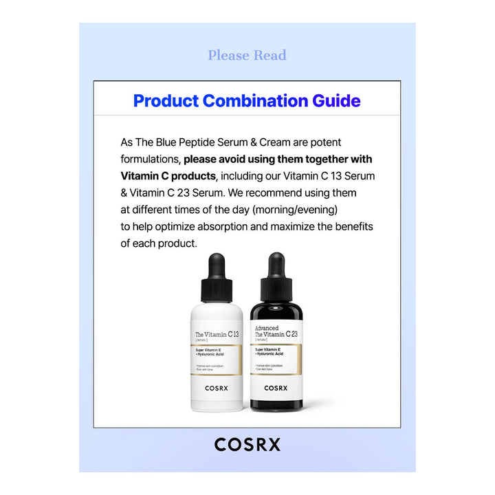 Cosrx product combination guide with two serum bottles on a light blue background