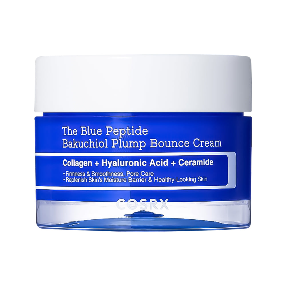 COSRX The Blue Peptide Bakuchiol Plump Bounce Cream in a white and blue cosmetic jar, shown on a solid white background.