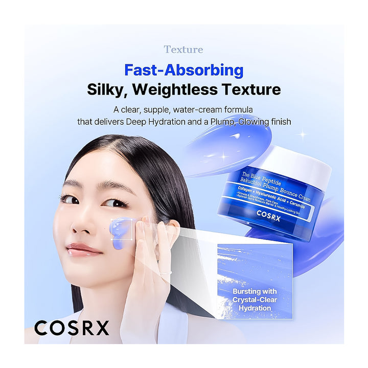 COSRX fast-absorbing silky weightless texture cream jar shown with a model applying blue cream to her face on a light blue background with promotional text.
