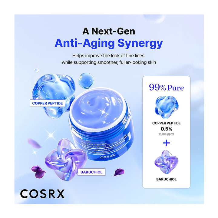COSRX Next-Gen Anti-Aging Synergy skincare ad featuring a blue jar of Advanced Ceramide A05 Cream with copper peptide and bakuchiol ingredients, alongside a white panel detailing the 0.5% copper peptide and 0.