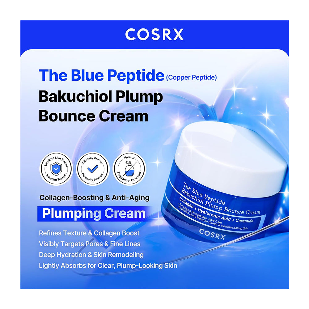 COSRX The Blue Peptide Bakuchiol Plump Bounce Cream packaging graphic, featuring a white and blue cosmetic jar on a blue gradient background with text detailing the product benefits.