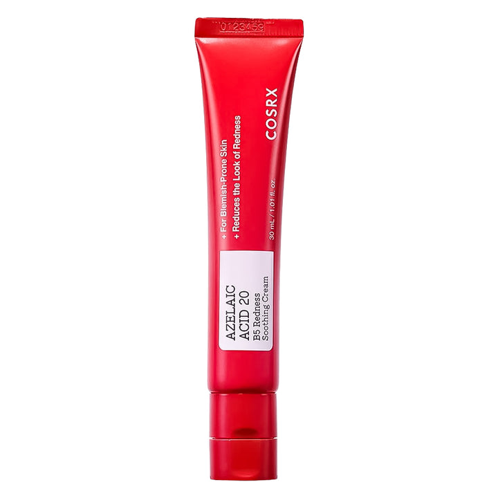 COSRX Azelaic Acid Redness Relief Serum in a red squeeze tube with a white label, shown on a plain white background.