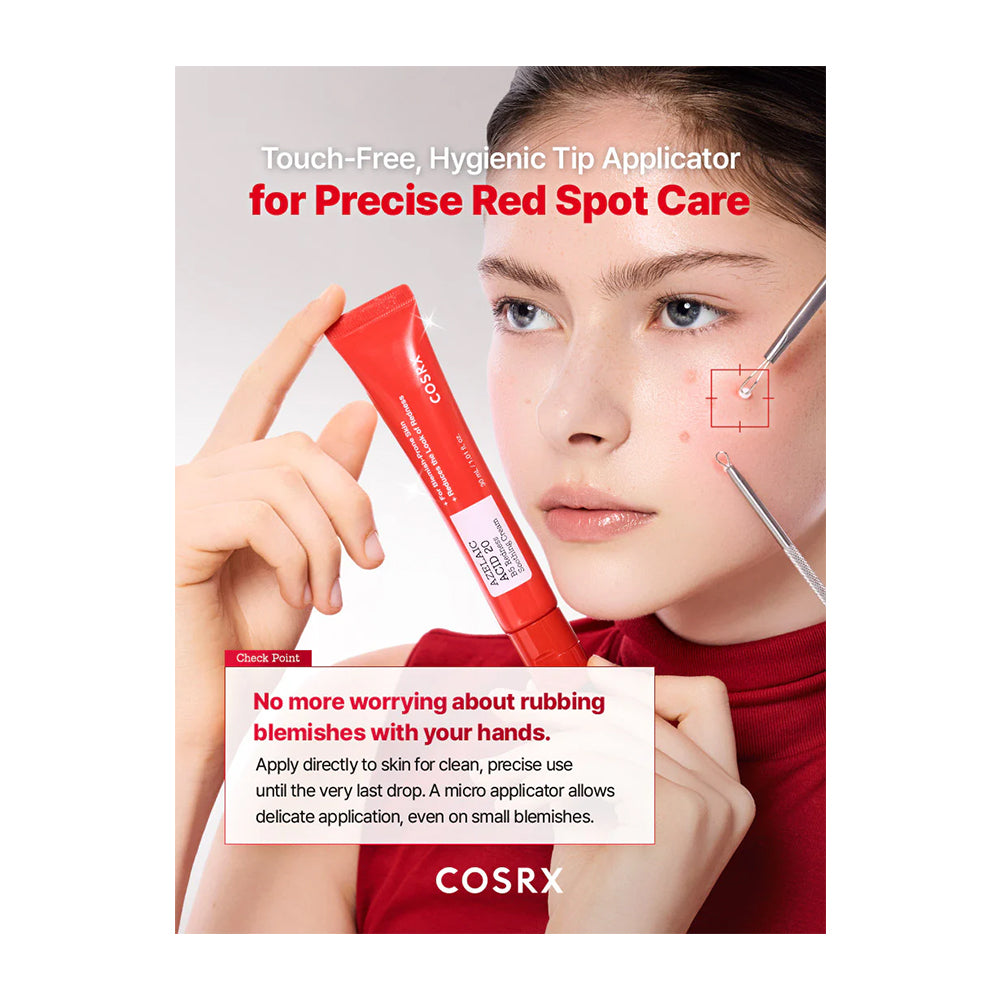 A cosmetic ad showing a woman holding a red COSRX tube while another hand holds a metal applicator. Text reads 'Touch-Free, Hygienic Tip Applicator for Precise Red Spot Care' and 'COSRX' at the bottom.