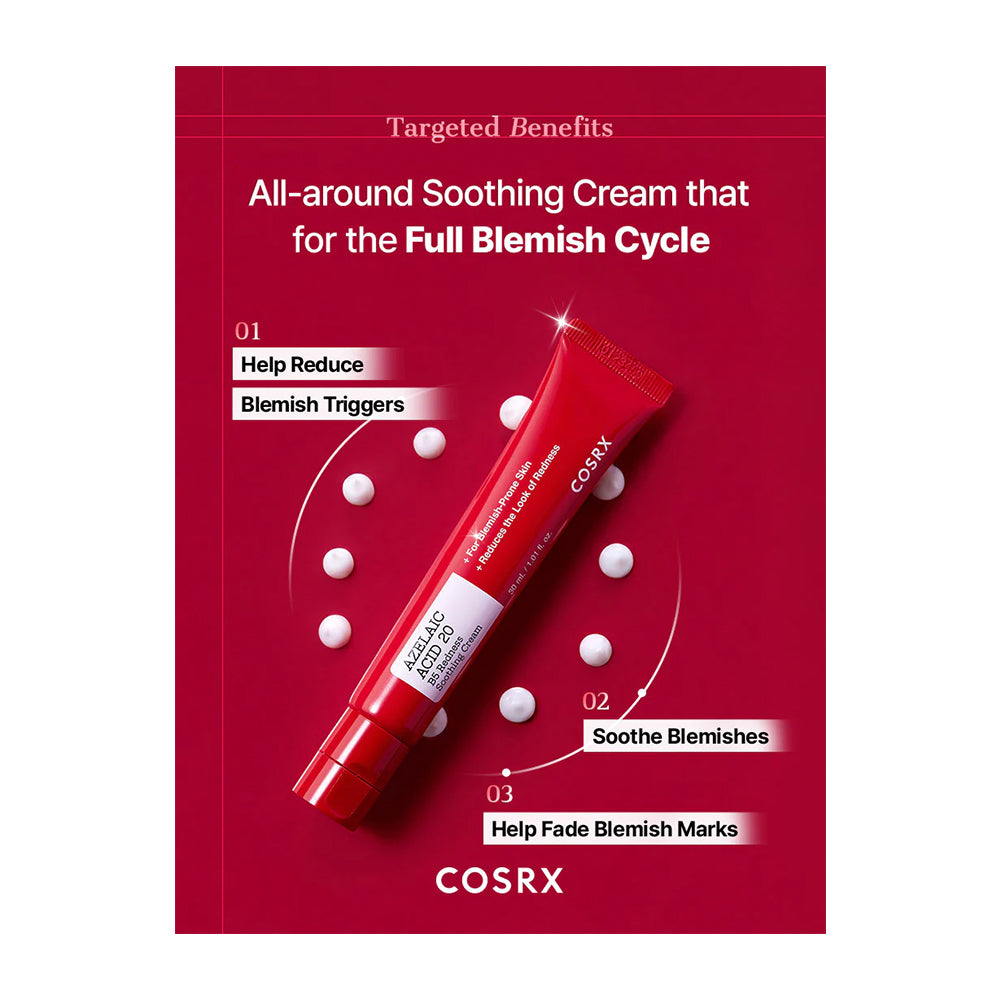A red tube of COSRX All-around Soothing Cream is displayed on a matching red promotional card with white text detailing its benefits for blemish management.