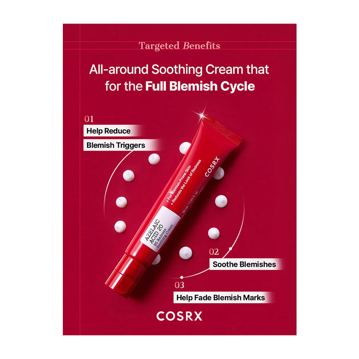 A red tube of COSRX All-around Soothing Cream is displayed on a matching red promotional card with white text detailing its benefits for blemish management.