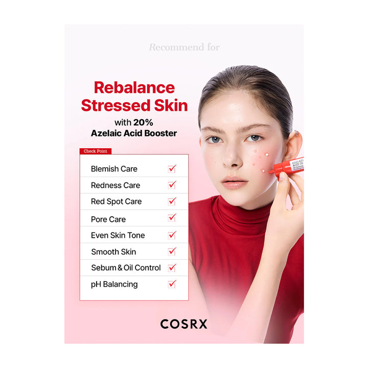 A promotional skincare graphic for COSRX Rebalance Stressed Skin with 20% Azelaic Acid Booster. The design features a woman in a red turtleneck applying a red cosmetic tube to her cheek, set against a soft pink background.