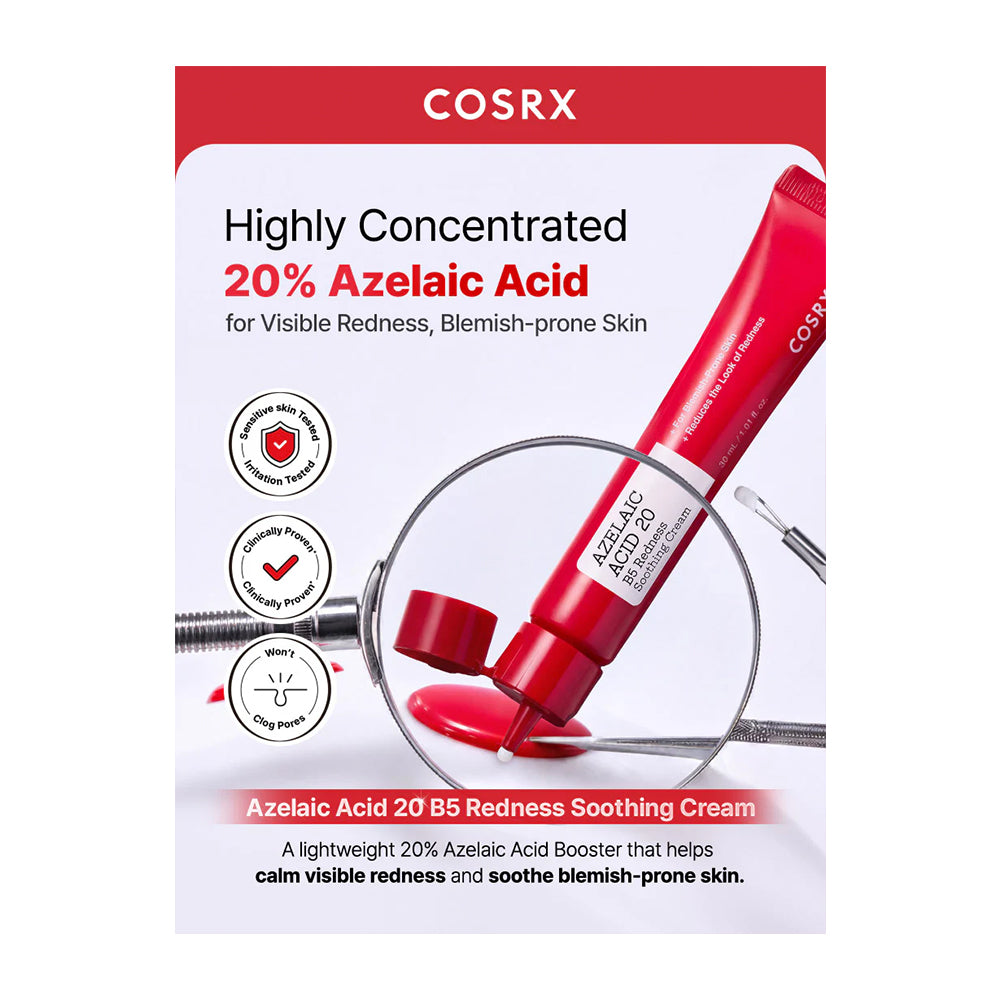 COSRX Azelaic Acid 20% Redness Soothing Cream tube shown on a white and red product card with marketing text and icons.