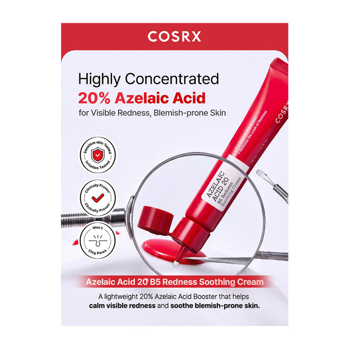 COSRX Azelaic Acid 20% Redness Soothing Cream tube shown on a white and red product card with marketing text and icons.