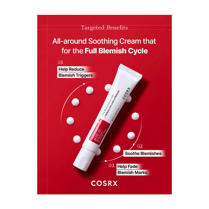 COSRX All-around Soothing Cream tube on a red promotional background with text highlighting benefits for blemish triggers, soothing blemishes, and fading blemish marks.