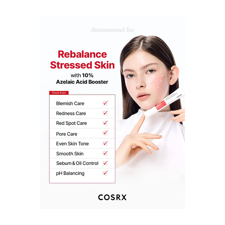 A promotional skincare graphic for COSRX Rebalance Stressed Skin with 10% Azelaic Acid Booster. The design features a young woman with red blemishes on her cheek holding a white and red tube of the product.
