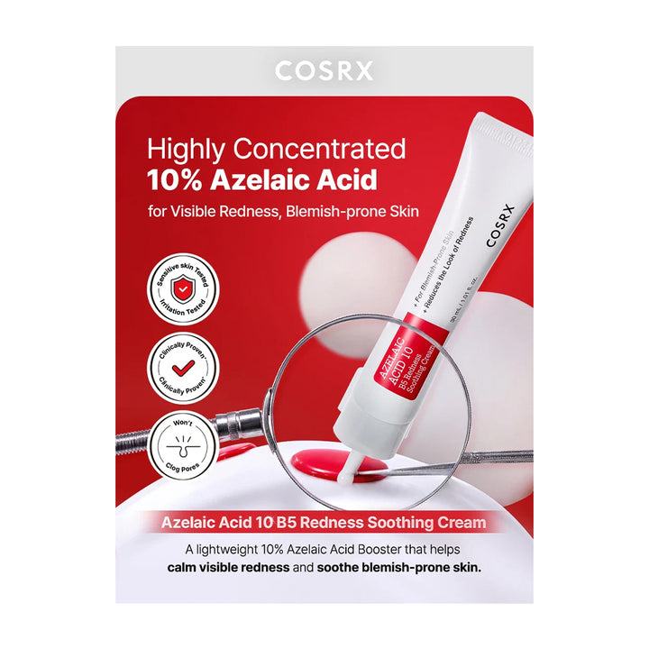 COSRX Azelaic Acid 10% Redness Soothing Cream tube shown on a red product card with white and red graphics, text, and three circular icons.