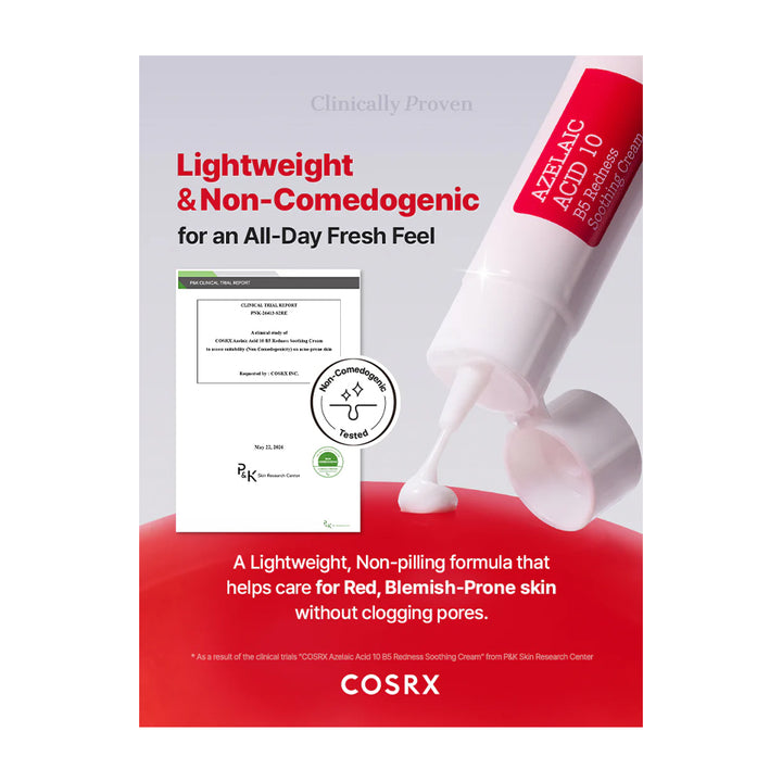 COSRX Azelaic Acid 10% Niacinamide 2% Redness Relief gel in a white squeeze tube with a red label, shown with a smear of white gel on a red surface. The image includes marketing text and a small product certificate inset.