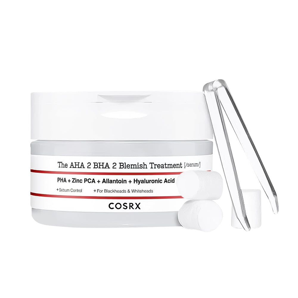 Cosrx skincare treatment jar with a white applicator and blackhead extractor on a white background