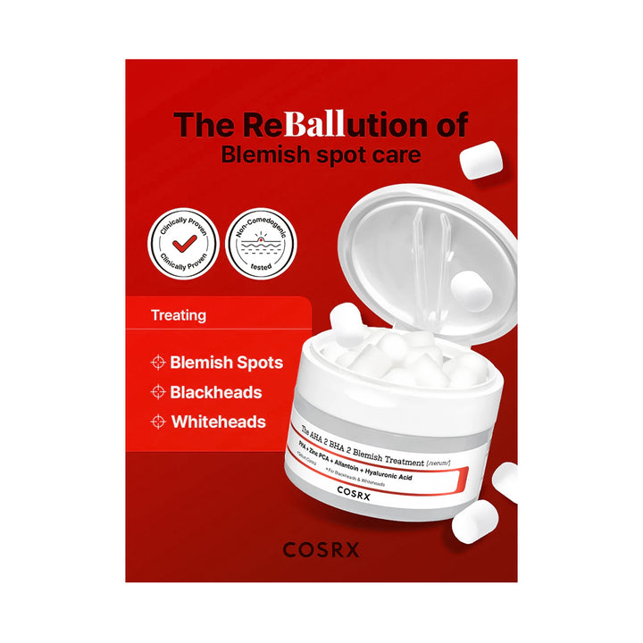 Cosrx blemish spot care product packaging with a red background
