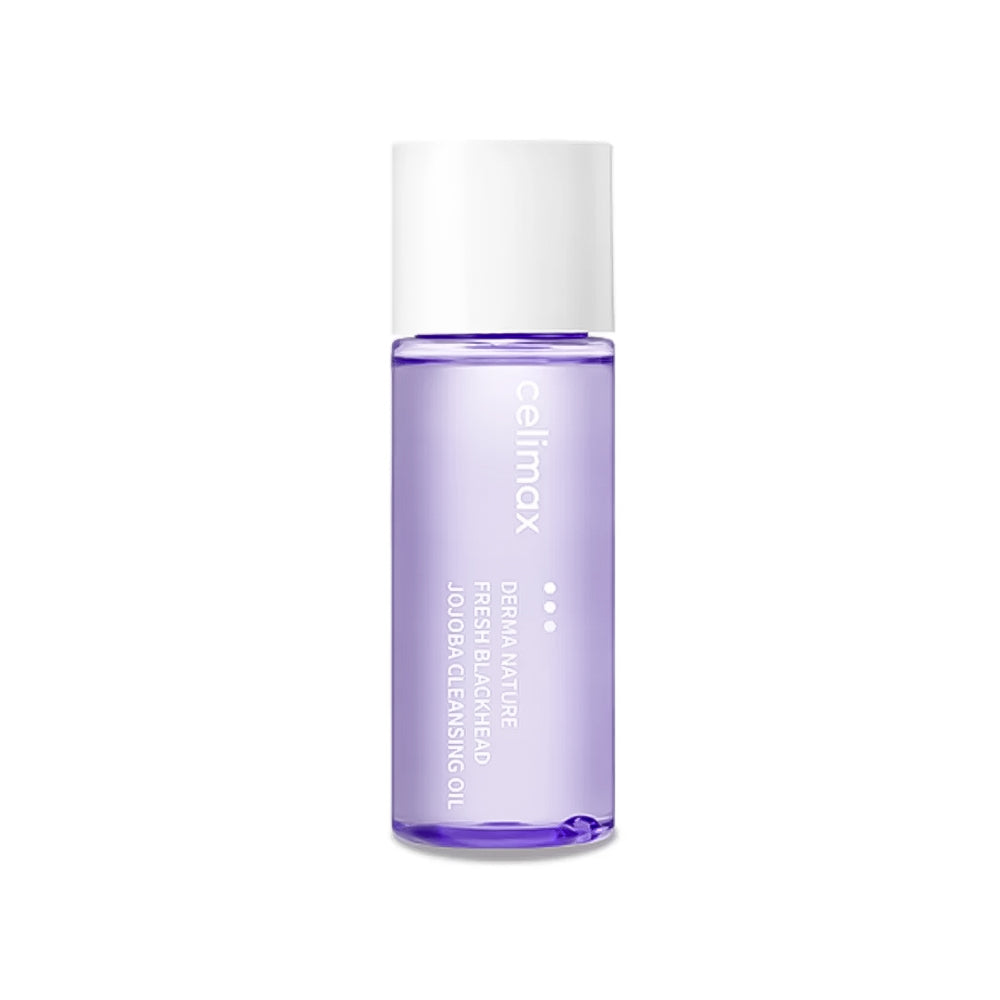 A bottle of Cellmax Fresh Blackhead Jumbo Cleansing Oil with light purple liquid and a white cap, shown on a plain white background.