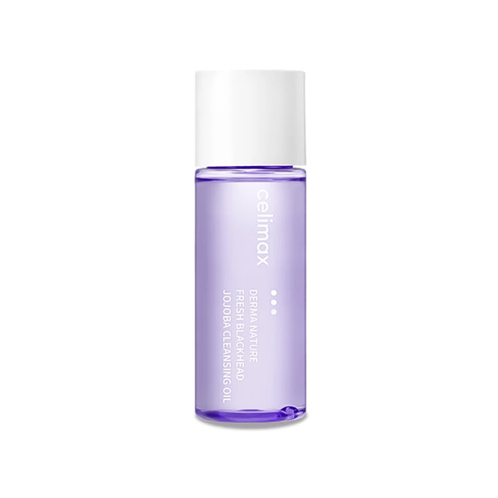 A bottle of Cellmax Fresh Blackhead Jumbo Cleansing Oil with light purple liquid and a white cap, shown on a plain white background.