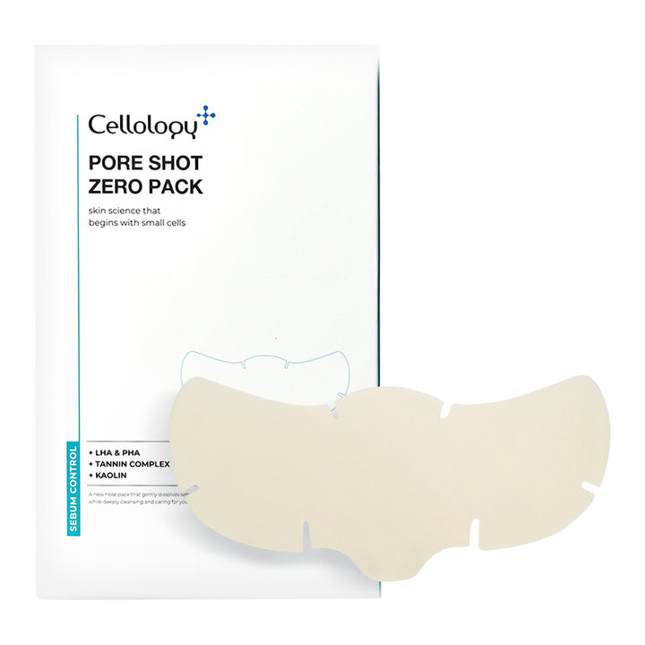 Cellology Pore Shot Zero Pack skincare treatment with a white box and a beige silicone patch in front, on a clean white background.
