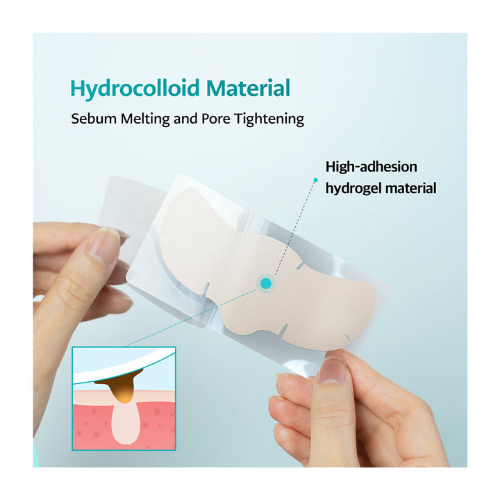A close-up of hands holding a transparent sheet with beige hydrocolloid sebum-melting and pore-tightening patches. Text on the image highlights &