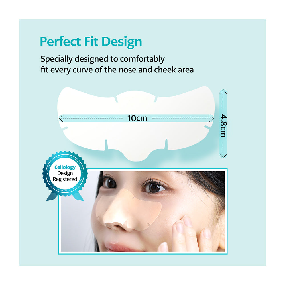 A product information graphic for a nose and cheek mask pad. The top half shows a white mask shape with text reading &