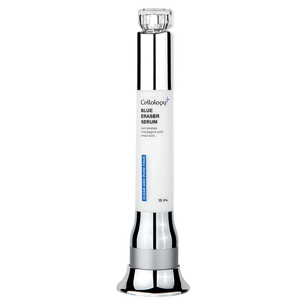 Cellulogy Blue Eraser Serum in a sleek silver and white cylindrical bottle with a clear cap, shown on a solid white background.