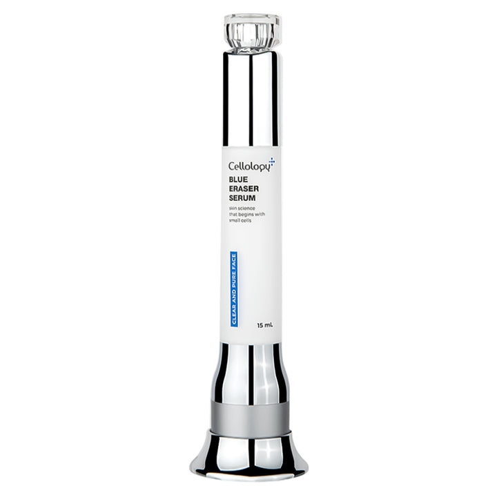 Cellulogy Blue Eraser Serum in a sleek silver and white cylindrical bottle with a clear cap, shown on a solid white background.