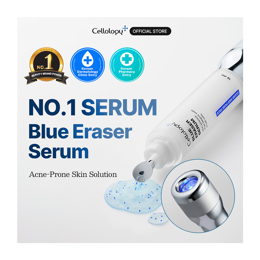 Cellolopy+ Blue Eraser Serum advertisement showing a white and silver skincare device with a blue LED treatment head, alongside text badges and a gel pad on a light gray background.