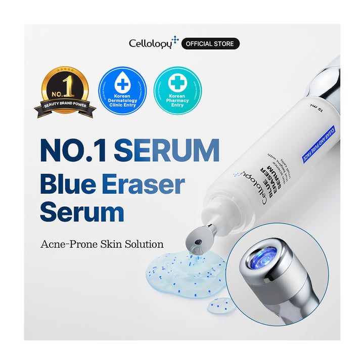 Cellolopy+ Blue Eraser Serum advertisement showing a white and silver skincare device with a blue LED treatment head, alongside text badges and a gel pad on a light gray background.