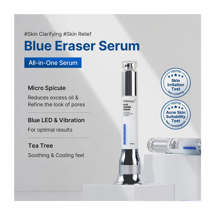 Cellea Blue Eraser Serum skincare bottle displayed on a white pedestal with a second bottle lying beside it. The left side features marketing text including &