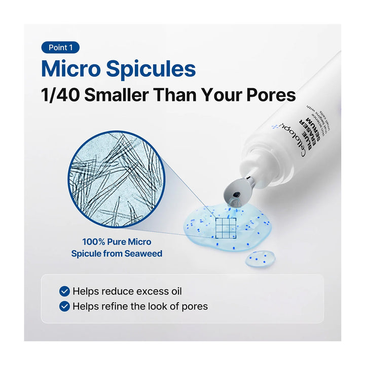 A skincare product tube labeled Cellucor Micro Spicule Cleanser is shown dispensing a clear gel onto a blue surface, with marketing text explaining that the micro spicules are 1/40 smaller than pores and are 100% pure from seaweed.