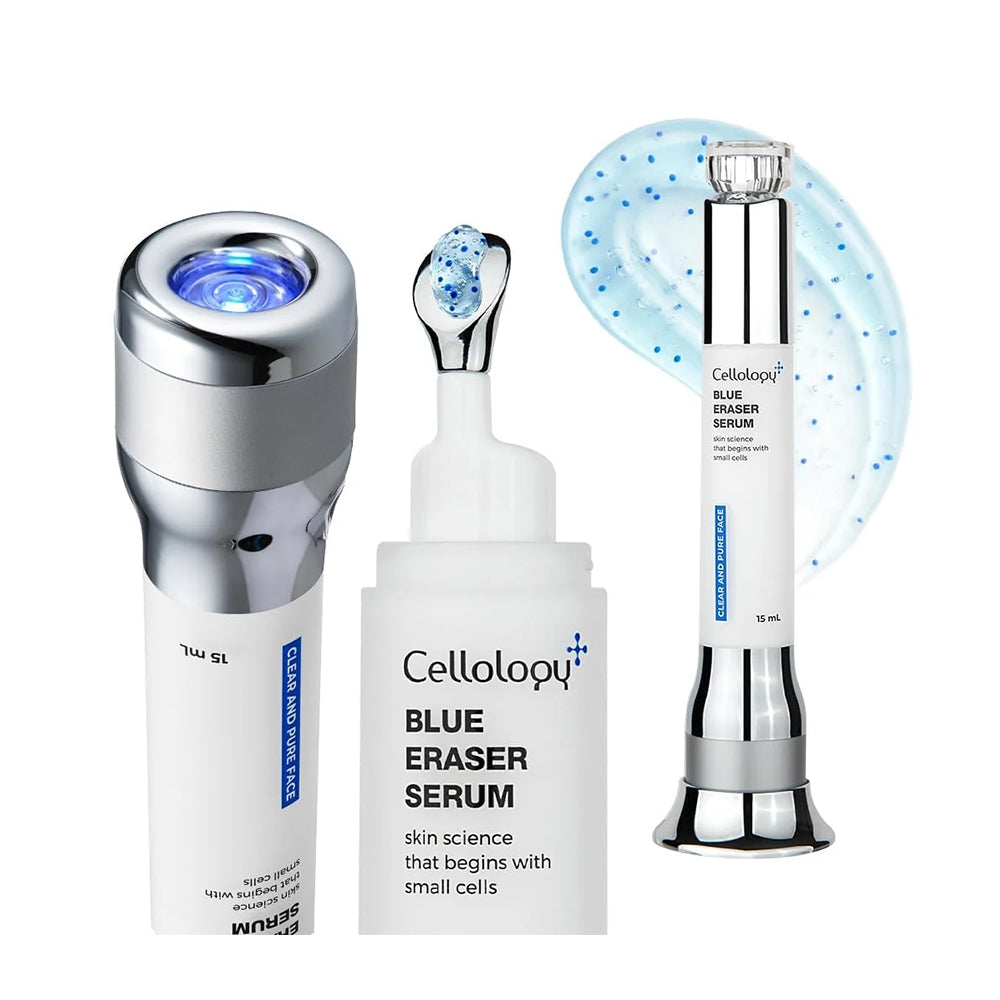 Three skincare devices and bottles from Celloloyu on a white background: a silver LED facial device with blue light, a white Blue Eraser Serum bottle with applicator, and a blue gel swatch with the product tube beside it.