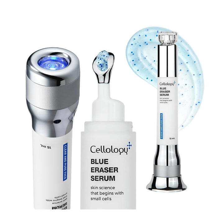 Three skincare devices and bottles from Celloloyu on a white background: a silver LED facial device with blue light, a white Blue Eraser Serum bottle with applicator, and a blue gel swatch with the product tube beside it.
