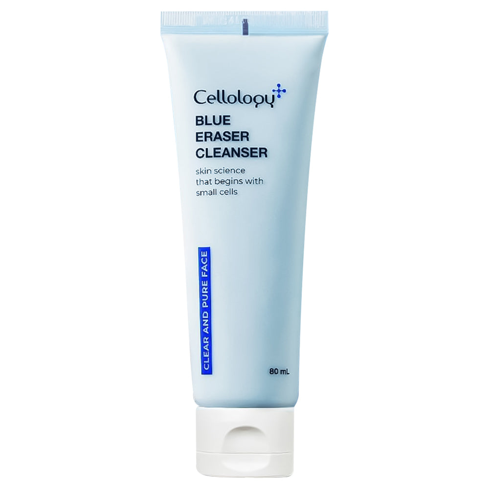 A light blue squeeze tube of Cellology+ Blue Eraser Cleanser with a white cap, centered on a plain white background.