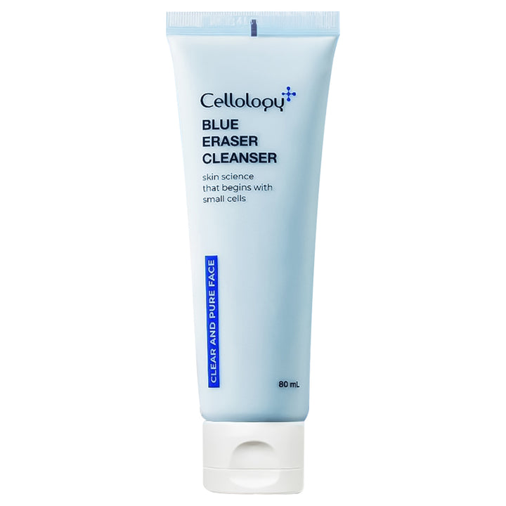 A light blue squeeze tube of Cellology+ Blue Eraser Cleanser with a white cap, centered on a plain white background.