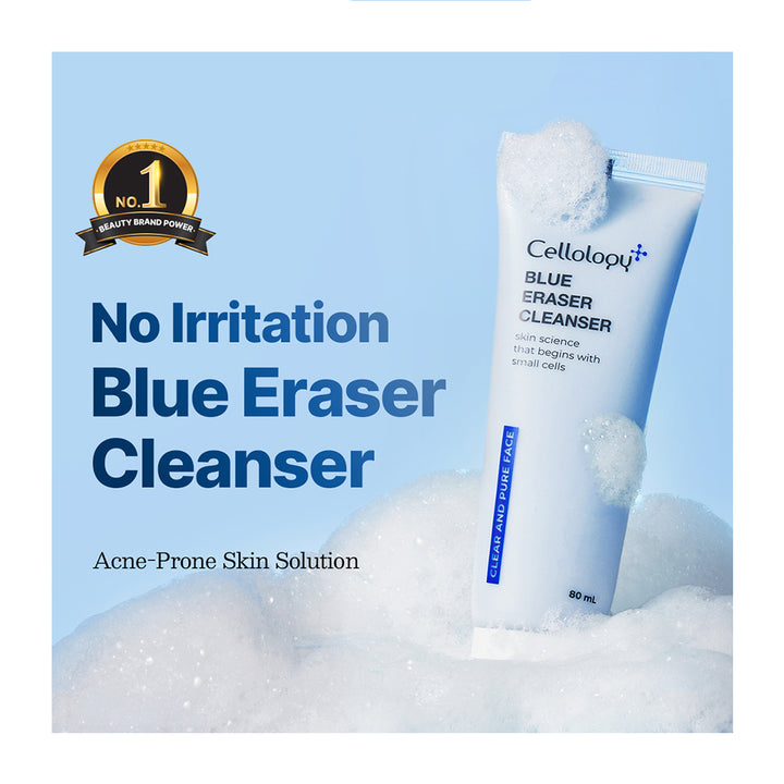 A tube of Cellology+ Blue Eraser Cleanser standing in foamy white foam against a light blue background, with large text reading &