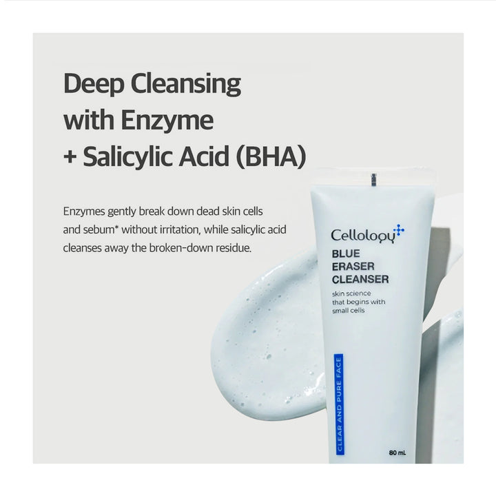 A tube of Celloloy Blue Eraser Cleanser shown on a light gray background with marketing text about deep cleansing and enzyme + salicylic acid (BHA). A dollop of pale blue cleanser is visible beside the tube.