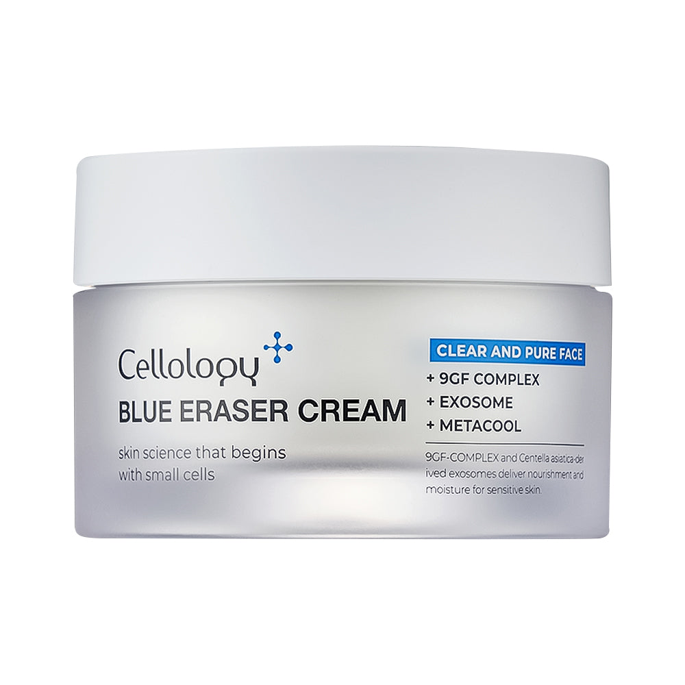 A white cosmetic jar of Cellology Blue Eraser Cream with a white lid, featuring black and blue text on the front, set against a plain white background.