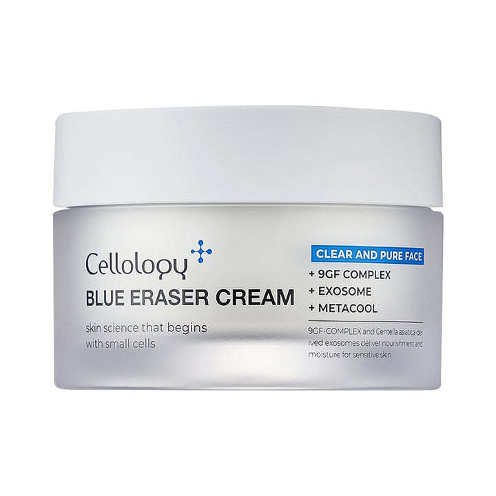 A white cosmetic jar of Cellology Blue Eraser Cream with a white lid, featuring black and blue text on the front, set against a plain white background.