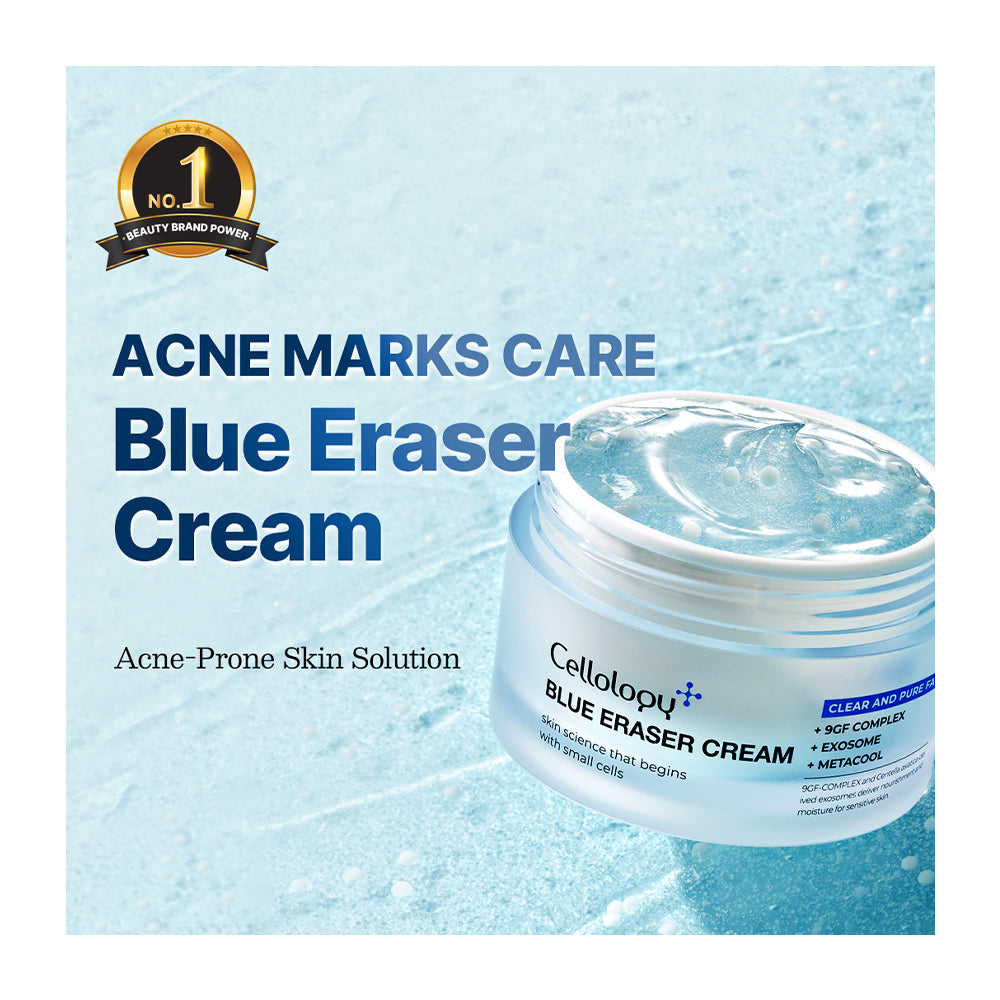 Cellolody+ Blue Eraser Cream jar shown on a light icy blue textured background with promotional text reading &