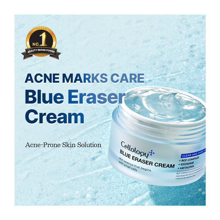 Cellolody+ Blue Eraser Cream jar shown on a light icy blue textured background with promotional text reading &