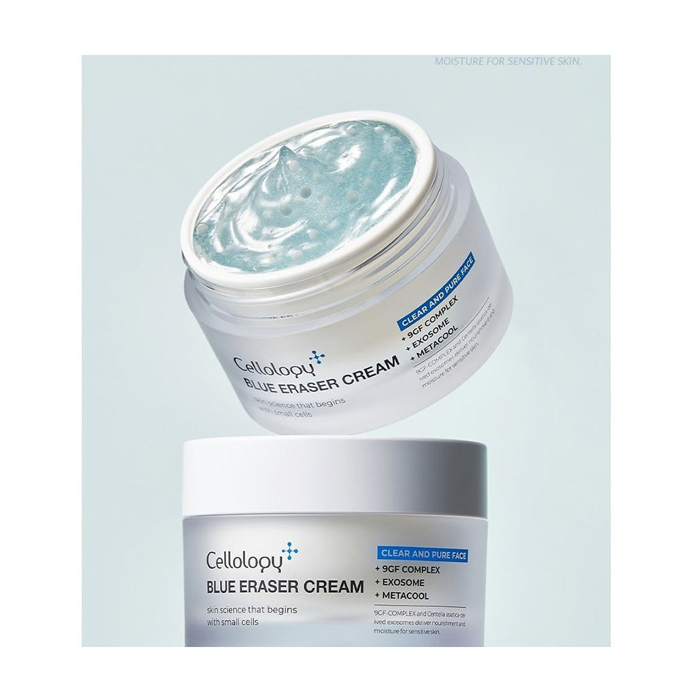 Two white jars of Cellolody+ Blue Eraser Cream shown on a pale blue background, with one jar open to reveal light blue cream and the other closed.