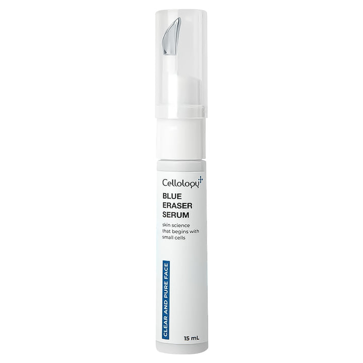 A white cylindrical cosmetic bottle of Cellotop+ Blue Eraser Serum with a clear cap and blue text accents, shown on a plain white background.